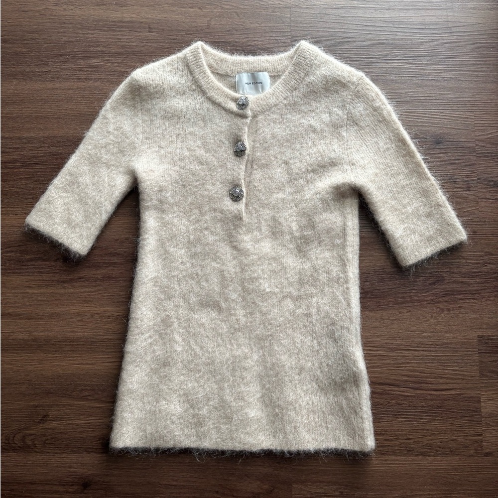 H&M Cream Fuzzy Short-Sleeve Knit Sweater